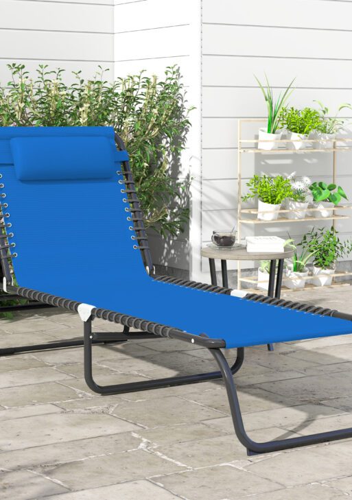 Foldable Chaise Lounge, 4-Position Reclining Back, Trifold Portable design and Breathable Mesh for Poolside,Camping, Hiking - Navy Blue
