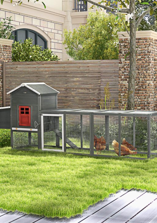 118" Extra Large Chicken Coop with Asphalt Roof, Wooden Hen Run with Slide-Out Tray and Nesting Box, Chicken Hutch for 3-6 Chickens, Gray