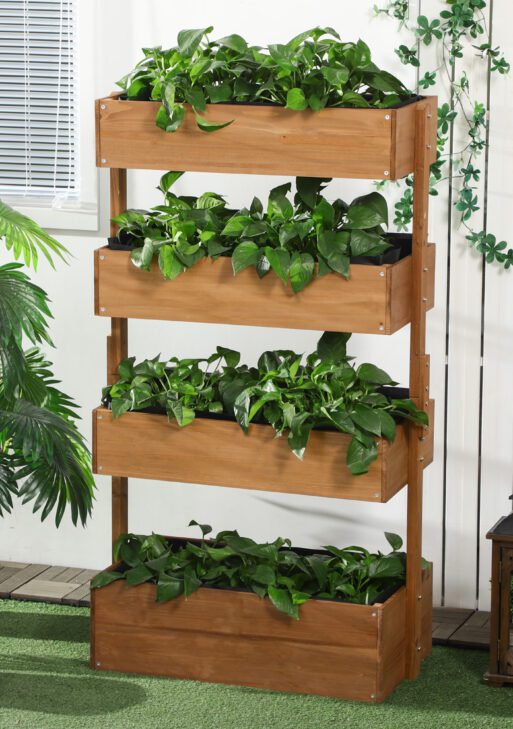 Vertical 4 Tier Raised Garden Bed, Wooden Planter Box, Self-Draining with Bed Liner for Indoor Outdoor Flowers, Vegetables and Herbs, Orange