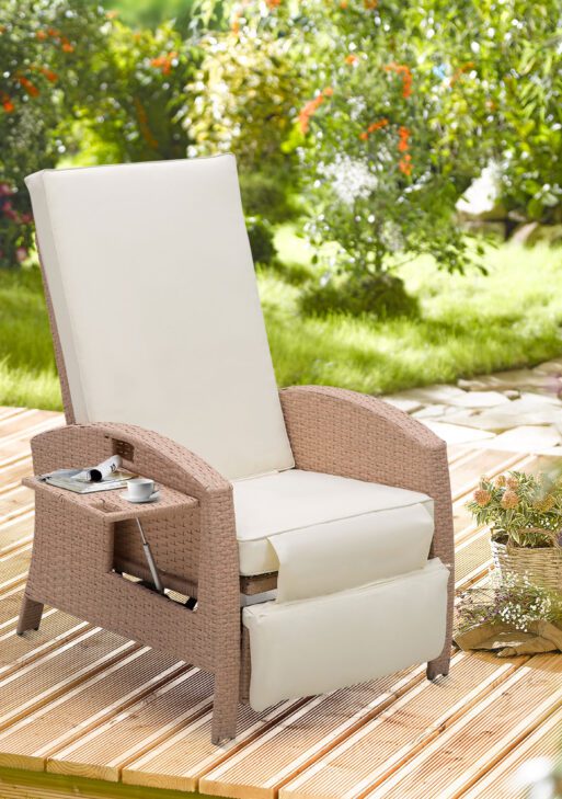 Patio Recliner, Outdoor Reclining Chair with Flip-Up Side Table, All-Weather Wicker Metal Frame Chaise with Footrest, Cushions, Beige