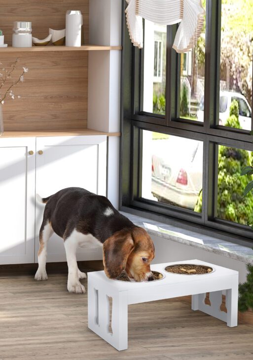 23" Modern Decorative Raised Dog Bowls, Wooden Heavy Duty Pet Food and Water Bowl, Elevated Feeding Station, White