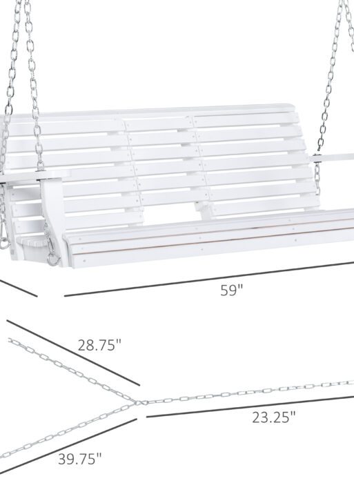 3-Seater Wooden Porch Swing, Patio Swing Bench with Folding Coffee Table, Cup Holders and Chains Included, 440lbs Weight Capacity, White