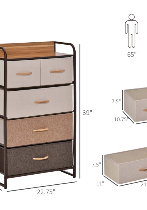 5-Drawer Fabric Dresser Tower, 4-Tier Storage Organizer with Steel Frame for Hallway, Bedroom, and Closet, Maple Wood