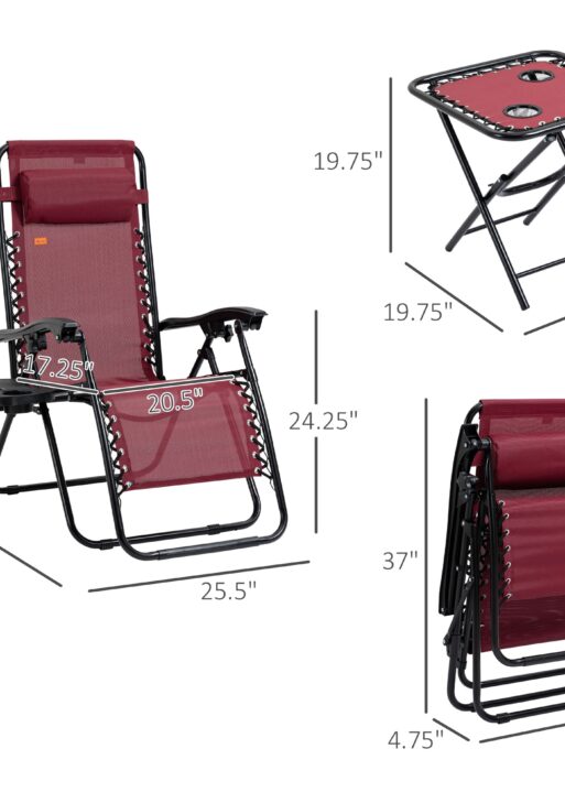 Zero Gravity Chair Set with Side Table, Folding Reclining Chair with Cupholders & Pillows, Adjustable Lounge Chairs for Pool, Backyard, Lawn, Beach, Wine Red