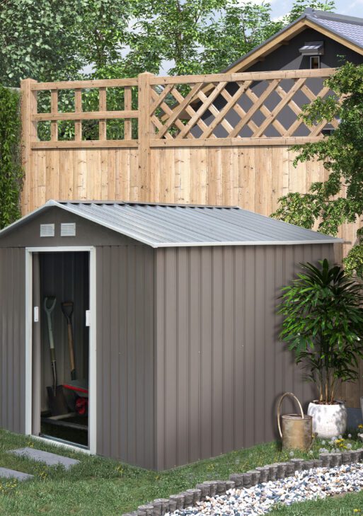 9' x 6' Outdoor Backyard Metal Garden Utility Storage Shed Garage Steel Tool Kit House with Sliding Door - Gray/White