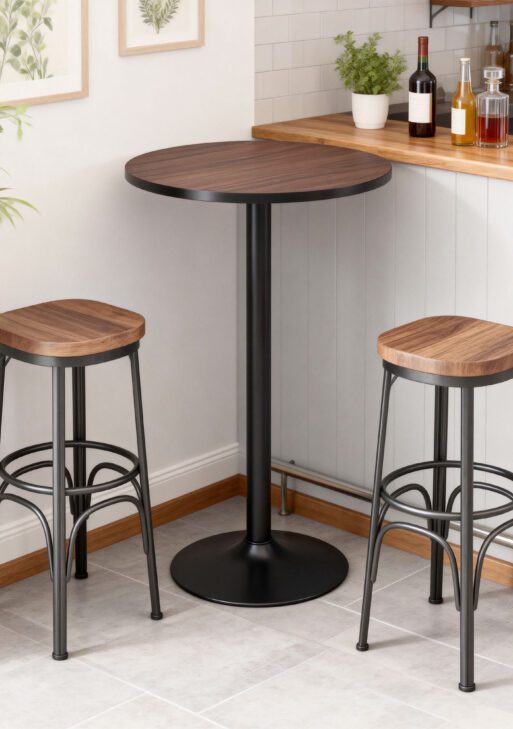 41" H Bar Height Round Bar Table, Rustic Industrial Pub Table, Elm Wood Top Bistro Table with Metal Base