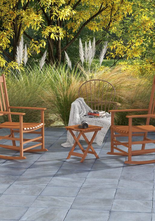 Outdoor Rocking Chair Set of 2 with Side Table, Patio Wooden Rocking Chair with Smooth Armrests, High Back for Garden, Balcony, Porch, Supports Up to 352 lbs, Teak