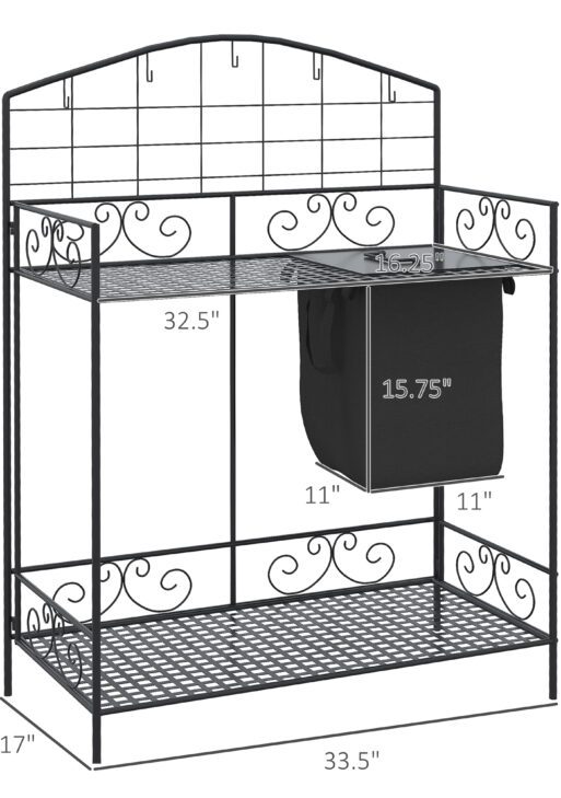 Folding Potting Bench Table, Metal Garden Workstation, Work Bench with Large Build-In Bag with Cover, 5 Hanging Hooks & Storage Shelf, Flourishes