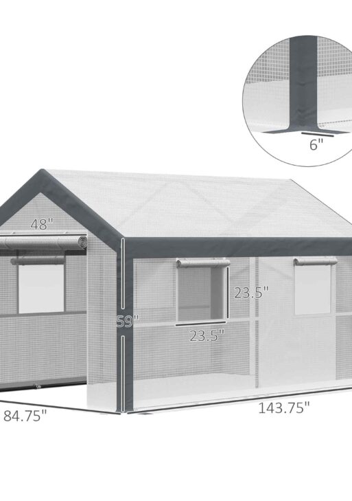 12' x 7' x 7' Greenhouse, Walk-in Outdoor Tunnel Green House with PE Cover, Steel Frame, 2 Roll-Up Zipper Doors & 4 Windows for Flowers, Vegetables, Tropical Plants, White/Dark Gray