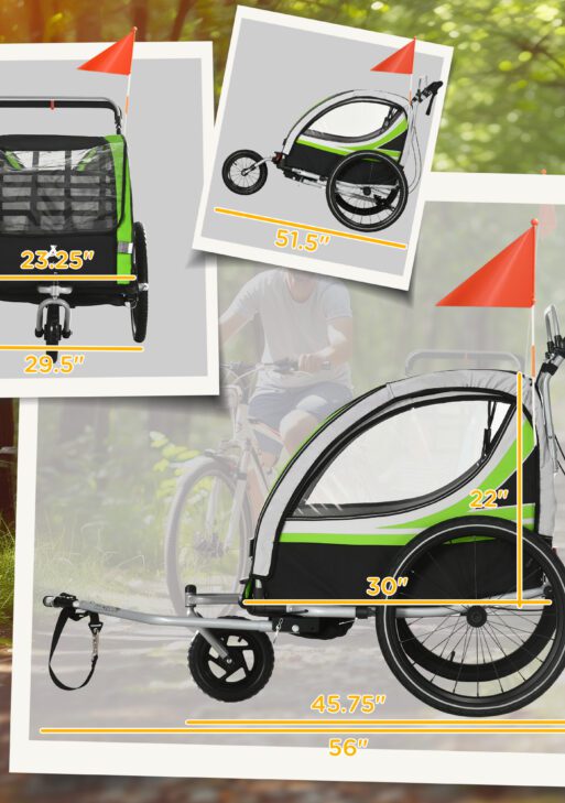 3-in-1 Bike Trailer for Kids, Running Stroller with 2 Seats, Jogging Cart with 5-Point Harness, Storage Units, Green