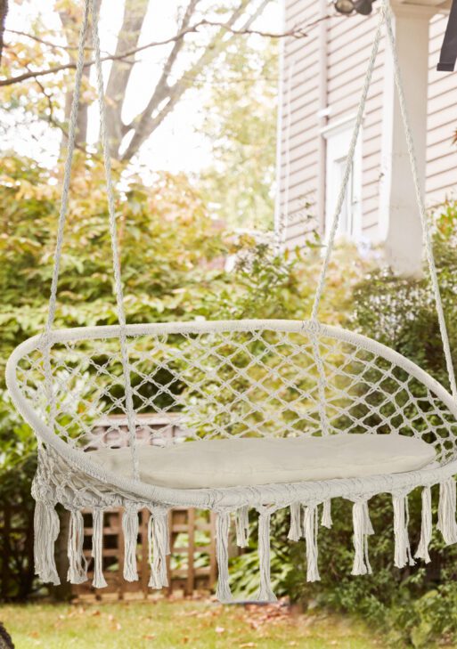 2-Person Hammock Chair Macrame Swing with Soft Cushion, Hanging Cotton Rope Chair for Indoor Outdoor Home Patio Backyard, White