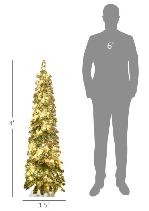 4' Artificial Slim Christmas Trees, with Snow Frosted Branches, Warm White or Colorful LED Lights, Downswept Shape