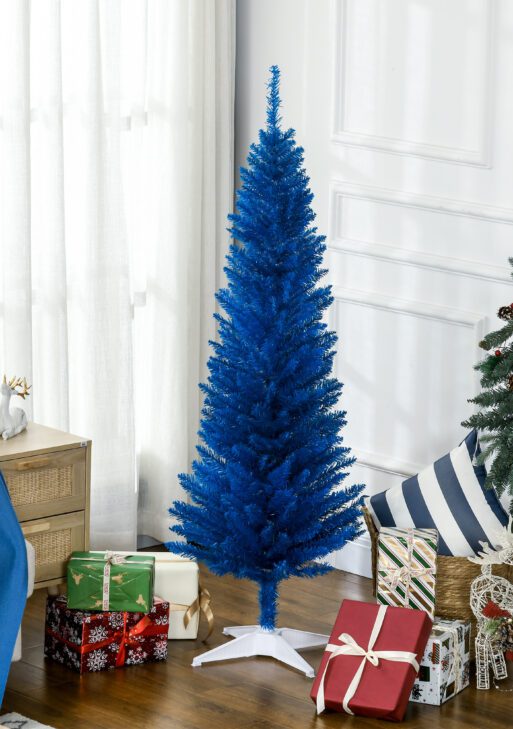 5FT Decorated Christmas Tree, Pencil Christmas Tree with 294 Realistic Branch Tips and Plastic Stand, Blue
