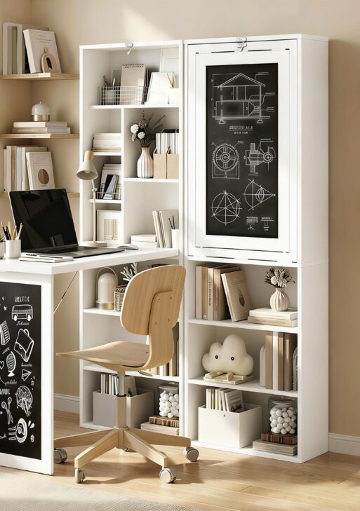 Fold-out Convertible Office Desk, Wall Mount Computer Desk with Blackboard and Side Shelf, White