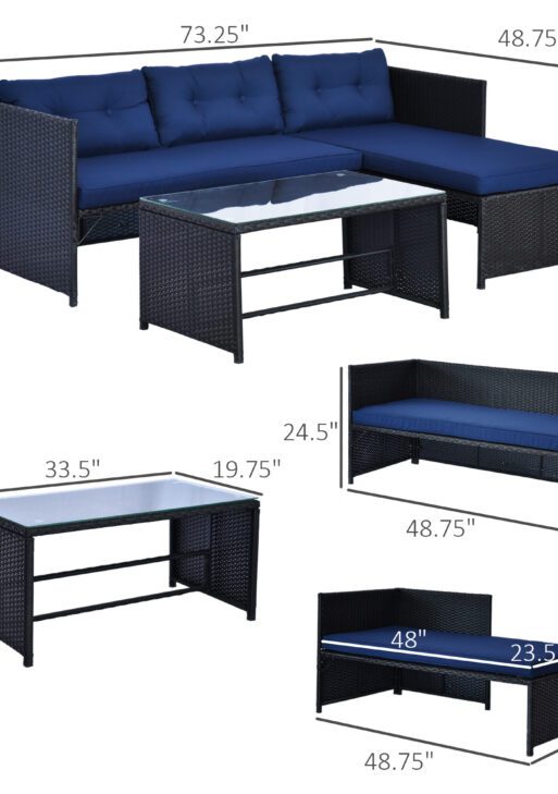 3 Piece Patio Furniture Set, Rattan Outdoor Sofa Set with Chaise Lounge & Loveseat, Soft Cushions, Tempered Glass Table, L-Shaped Sectional Couch, Blue