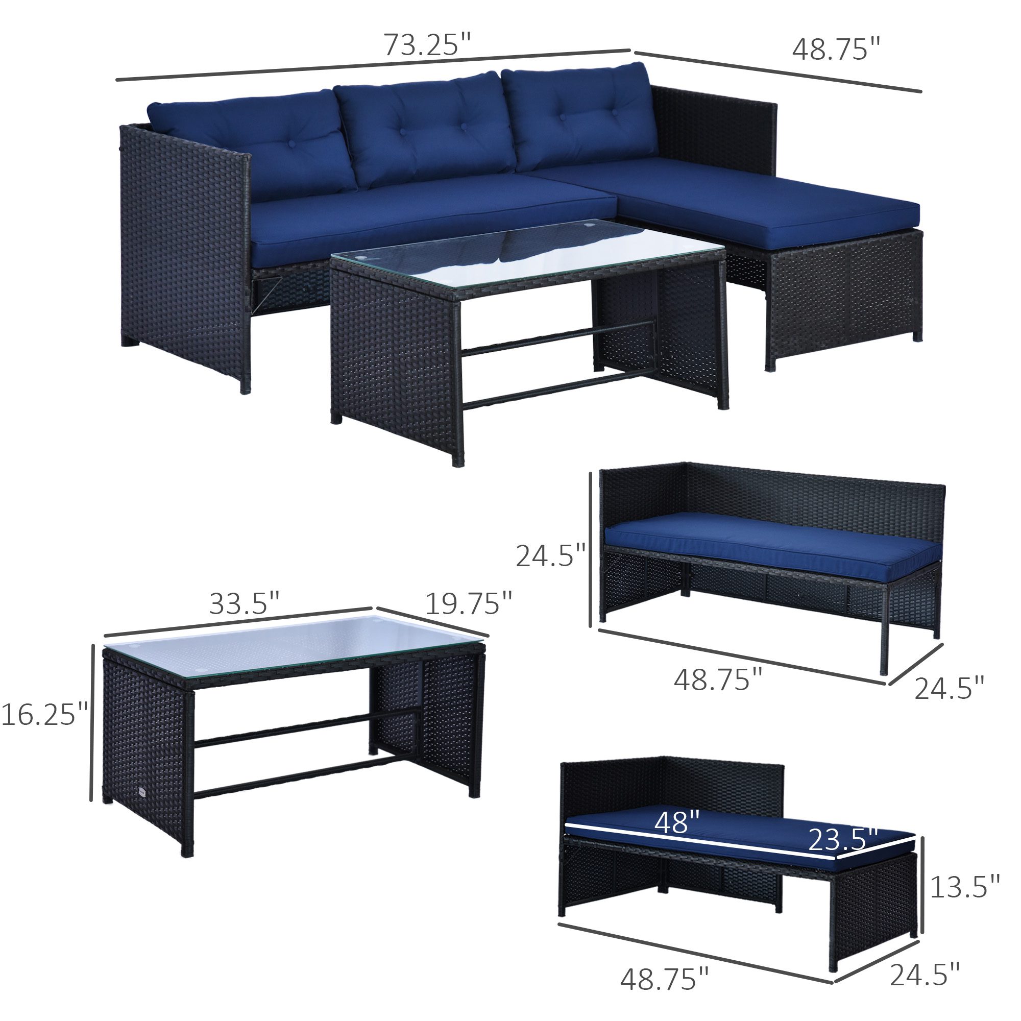 3 Piece Patio Furniture Set, Rattan Outdoor Sofa Set with Chaise Lounge & Loveseat, Soft Cushions, Tempered Glass Table, L-Shaped Sectional Couch, Blue - Image 1