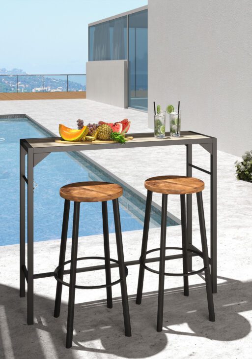 Outdoor Bar Table, Bar Height Patio Bar Table w/ Built-In Bottle Opener, Plastic Top with Wood Grain, 47.25" x 15" x 39"