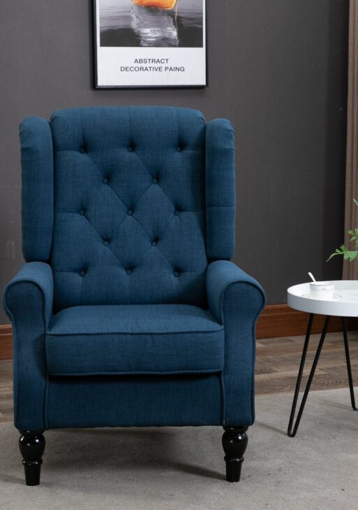 Fabric Tufted Club Accent Chair with Wooden Legs, Blue
