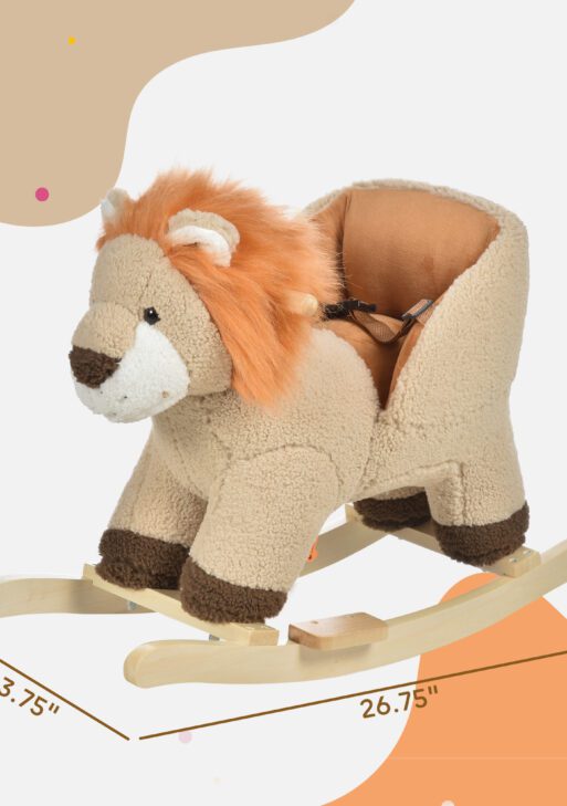 Baby Rocking Horse Lion with Sound, Plush Stuffed Rocking Animals, Wooden Rocking Horse with Seat Belt for 18-36 Months Boys and Girls Gift, Brown