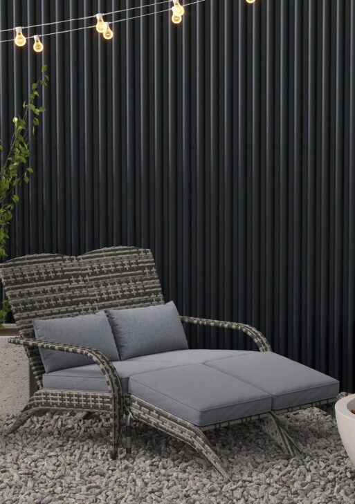 Wicker Adirondack Chair for 2 with Cushions & Footrests, PE Rattan Double Chaise Lounge Chair, Fire Pit Chair for Porch with High-back, Wide Armrests, Mixed Gray