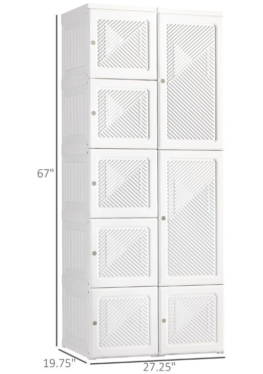 Portable Wardrobe Closet, Folding Bedroom Armoire, Clothes Storage Organizer with Cube Compartments, Hanging Rod, Magnet Doors, White