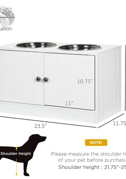 Large Elevated Dog Bowls with Storage Cabinet Containing Large 44L Capacity, Raised Dog Bowl Stand Pet Food Bowl Pet Feeding Station, White