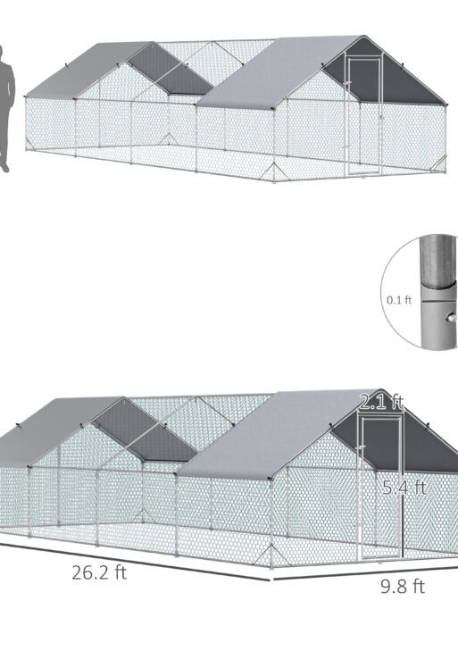 Metal Chicken Run 9.8' x 26.2' x 6.6' with Waterproof and Anti-UV Cover for Outdoor and Yard Farm Use