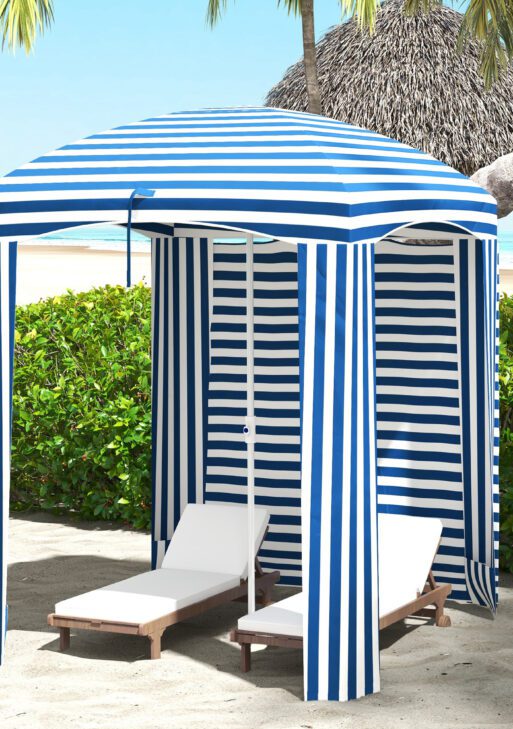 5.8' x 5.8' Cabana Umbrella with Walls, Vents, Ruffles, Carry Bag, Beach Umbrella, Blue White Stripe