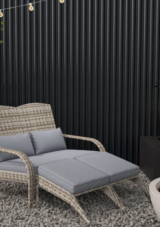 Wicker Adirondack Chair for 2 with Cushions & Footrests, PE Rattan Double Chaise Lounge Chair, Fire Pit Chair for Porch with Wide Armrests, High-back, Gray