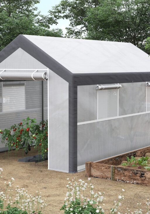 12' x 7' x 7' Greenhouse, Walk-in Outdoor Tunnel Green House with PE Cover, Steel Frame, 2 Roll-Up Zipper Doors & 4 Windows for Flowers, Vegetables, Tropical Plants, White/Dark Gray