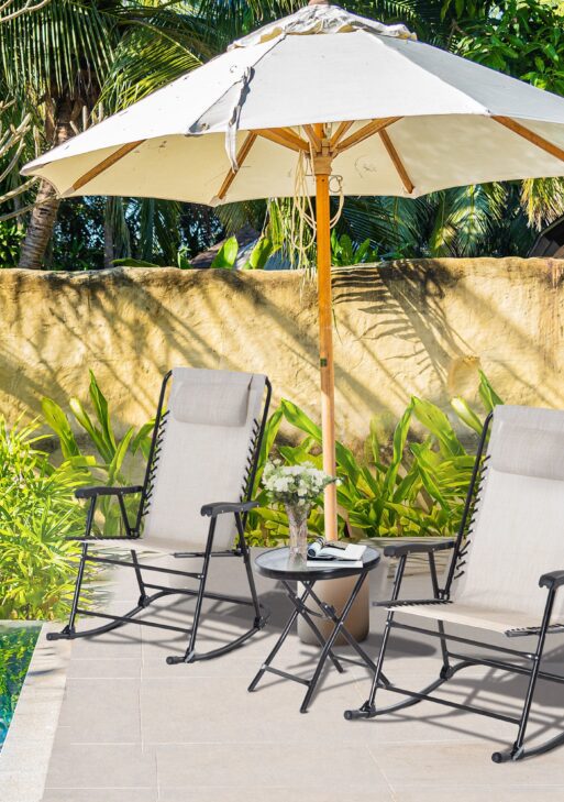 3 Piece Outdoor Rocking Chair Set, Patio Folding Lawn Rocker Set with Glass Coffee Table, Headrests for Yard, Patio, Deck, Backyard, Cream White