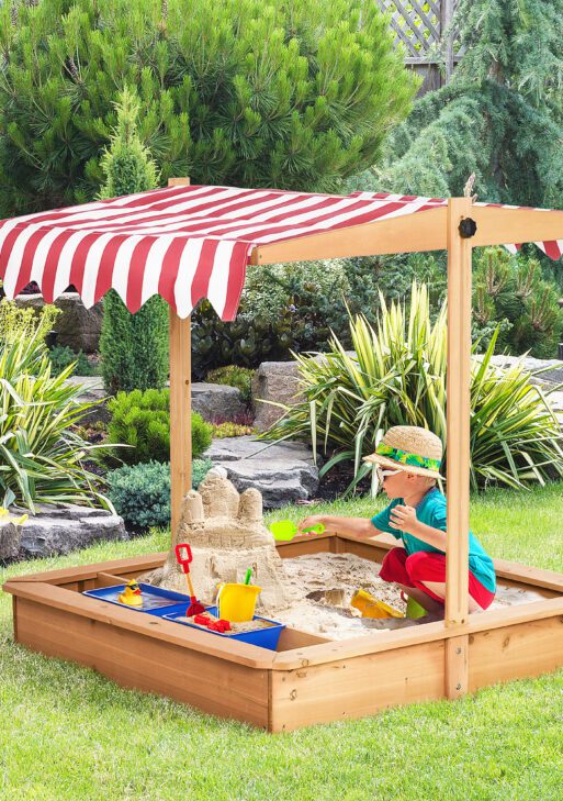 Kids Wooden Sandbox with Adjustable Height Cover and Toy Bin Storage, Children Sand Play Station Outdoor,Bottom Liner, for Backyard, Ages 3-7