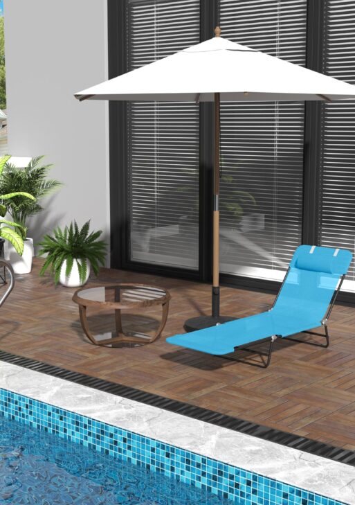 Folding Chaise Lounge Chair, Pool Sun Tanning Chair, Outdoor Lounge Chair with Reclining Back, Breathable Mesh Seat, Headrest for Beach, Yard, Patio, Blue