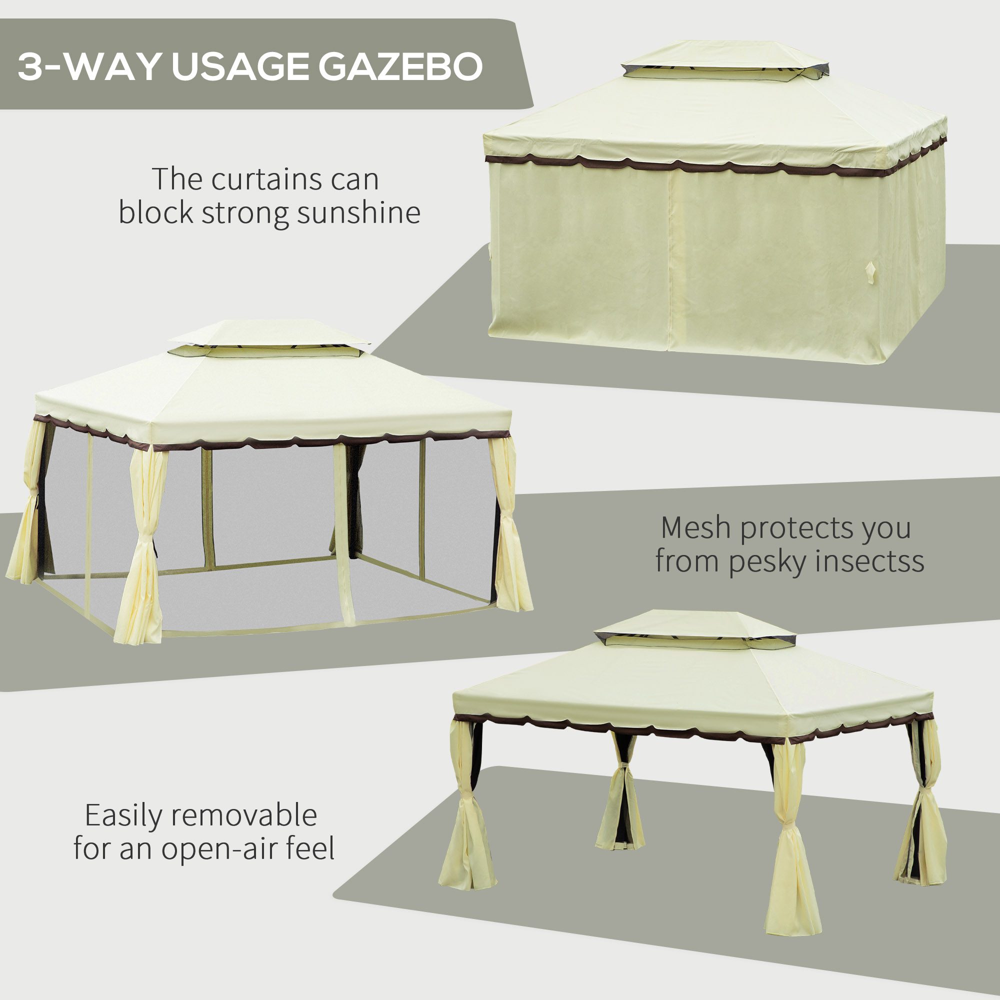 10' x 13' Patio Gazebo, Aluminum Frame Double Roof Outdoor Gazebo Canopy Shelter with Netting & Curtains, Cream White - Image 3