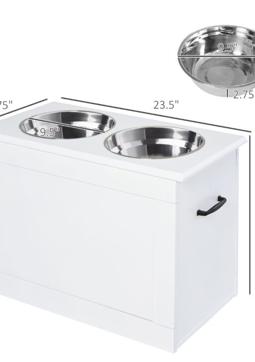 Raised Pet Feeding Storage Station with 2 Stainless Steel Bowls Base for Large Dogs and Other Large Pets, White