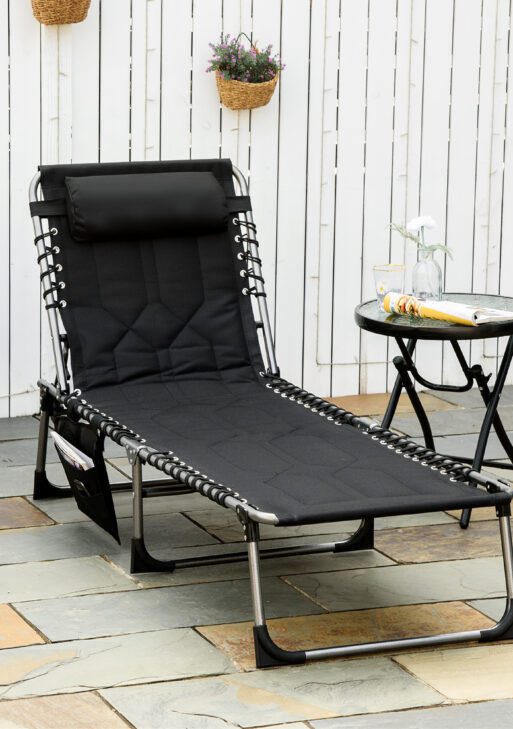 Padded Folding Chaise Lounge Chair, Outdoor 6-Level Reclining Camping Tanning Chair with Headrest for Beach, Yard, Patio, Pool, Black