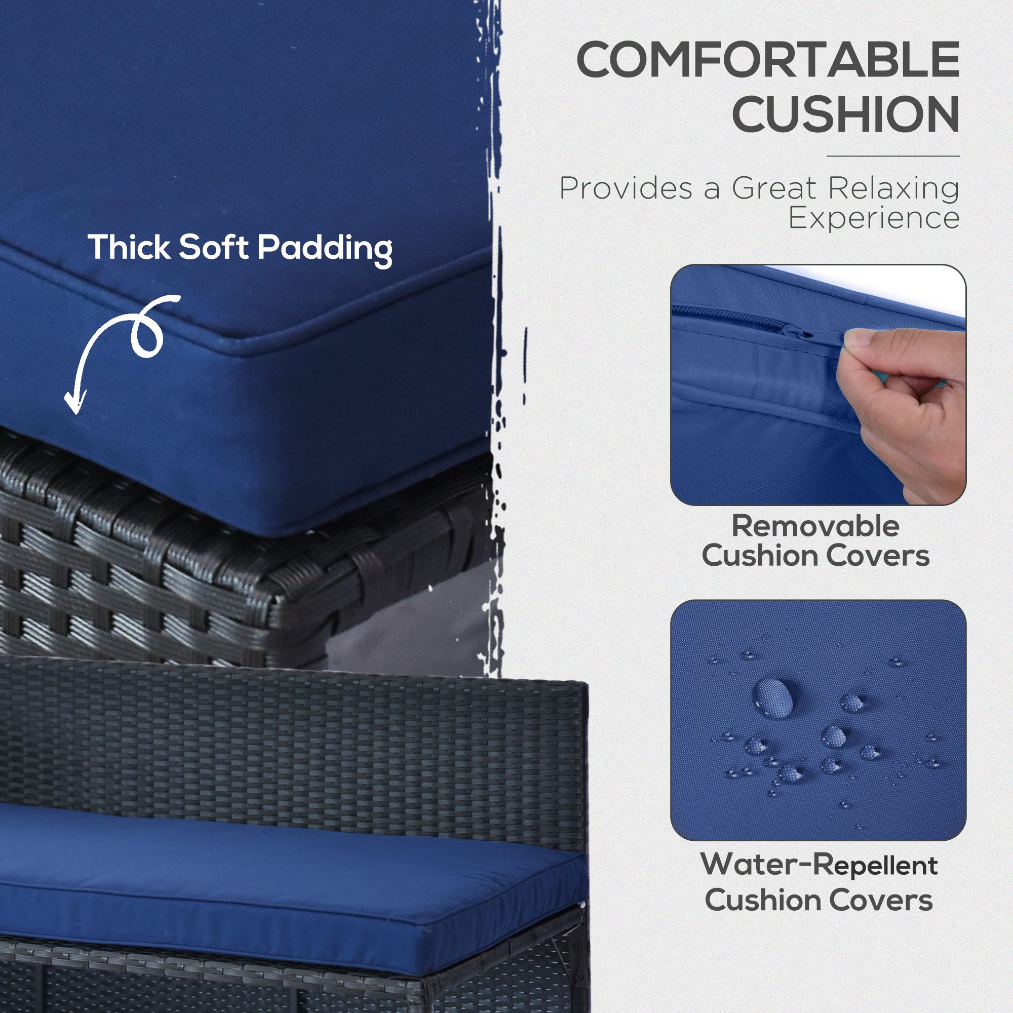 3 Piece Patio Furniture Set, Rattan Outdoor Sofa Set with Chaise Lounge & Loveseat, Soft Cushions, Tempered Glass Table, L-Shaped Sectional Couch, Blue - Image 3