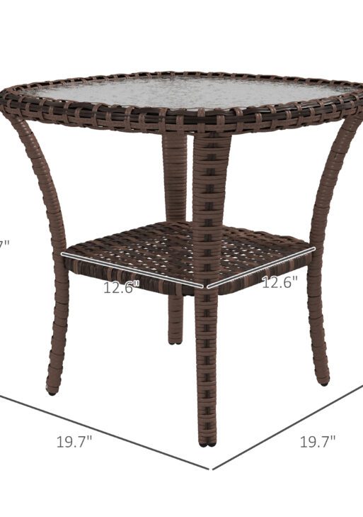 Outdoor Coffee Table with Storage Shelf, Hand-Woven Wicker Side Table with Water-Ripple Glass Top, Mix Brown