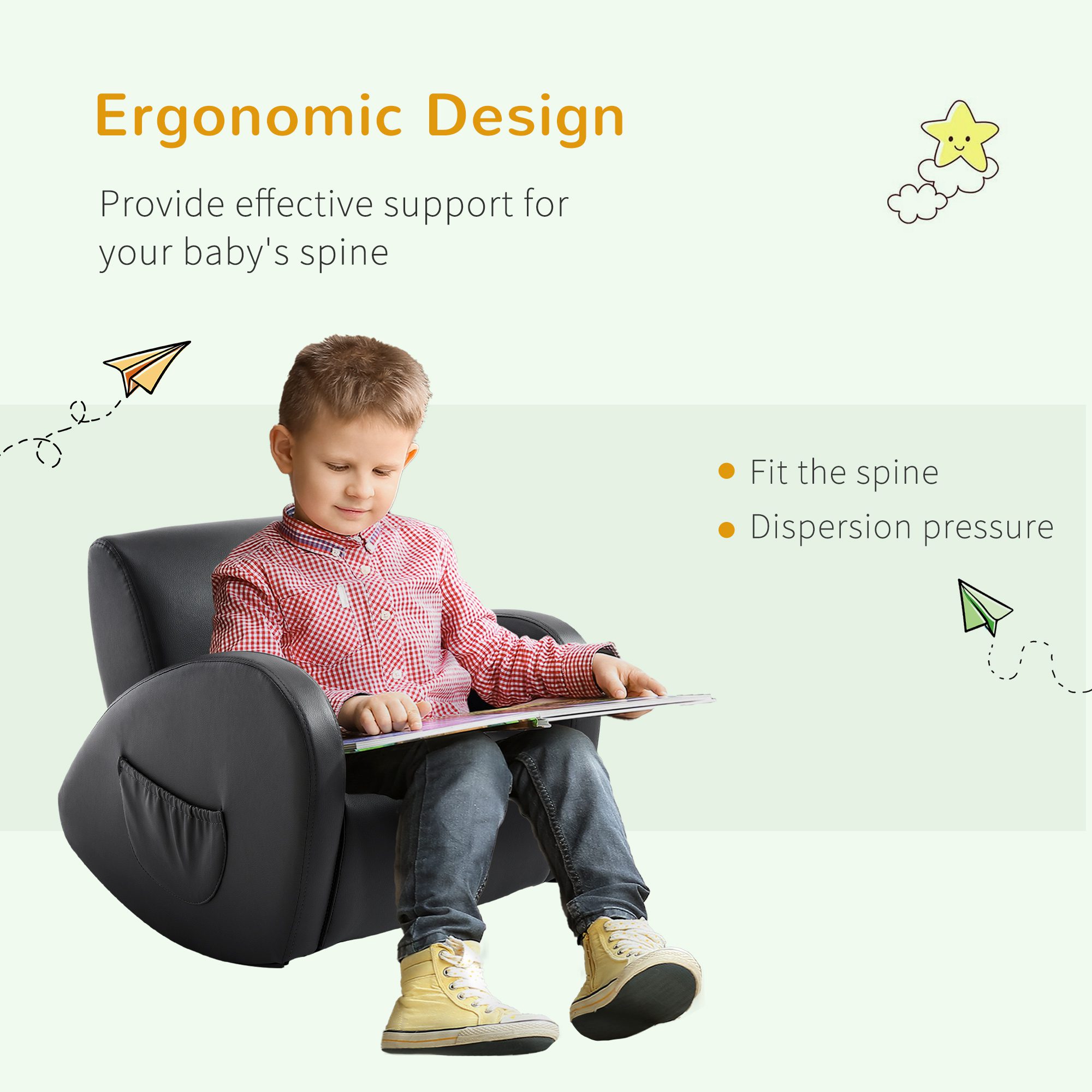 Kids Sofa Rocking Chair with Side Pocket, PU Leather Toddler Armchair for Children Grey - Image 2