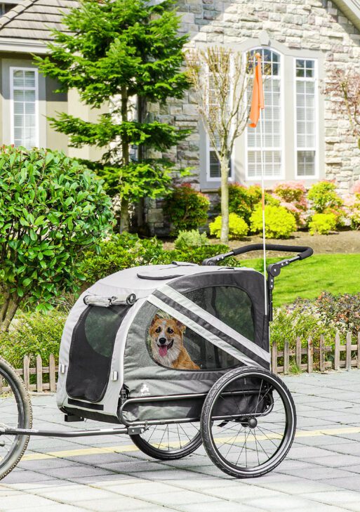 2-in-1 Pet Bike Trailer for Small Dogs, Road-Visibility Dog Stroller Bicycle Carrier, Weather-Strong Bike Wagon Trailer Sidecar Attachment, Gray