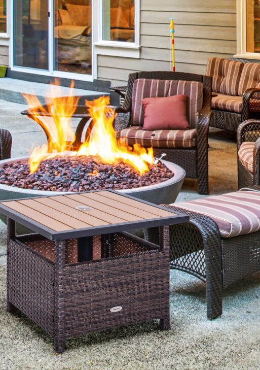 22" Outdoor Side Table with Umbrella Hole, Rattan Wicker End Table with Sand Bag and Steel Frame for Outdoor, Patio, Garden, Backyard, Brown & Light Yellow