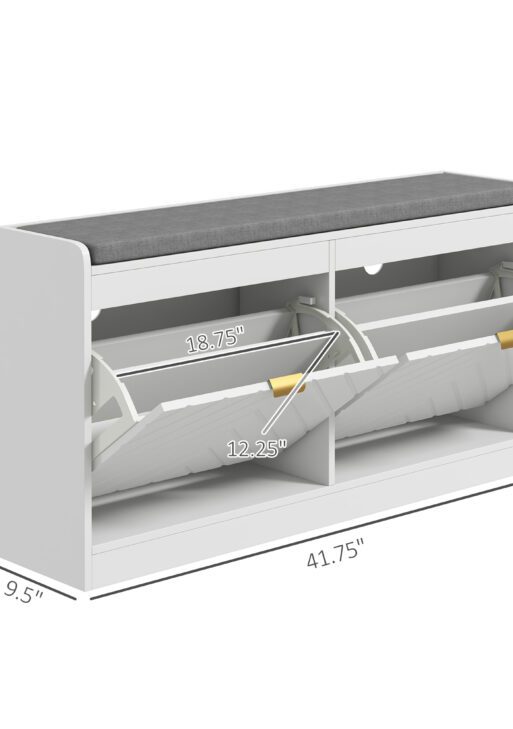 Narrow Storage Bench, Upholstered Entry Way Bench, Shoe Rack Bench with 2 Flip Drawers, 2 Vents for 8 Pairs of Shoes