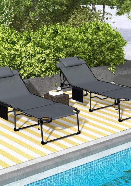 2 Piece Folding Chaise Lounge Pool Chairs with 5-level Reclining Back, Reading Hole, Side Pocket, Gray