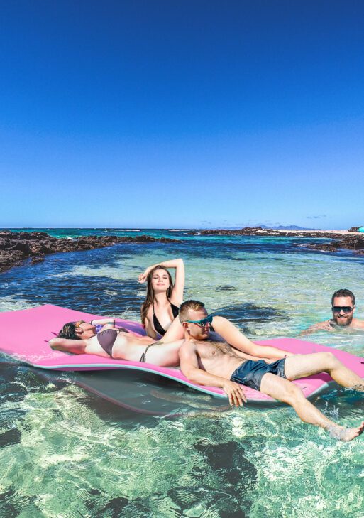 12' x 5' Lily Pad Floating Mat with Cup Holder Table, 3-Layer Portable Roll-Up Water Mat Float Dock for 2-3 People, on Lake, River, Beach, Swimming Pool, Pink