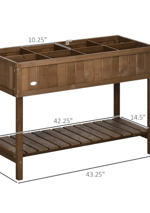 Wooden Raised Garden Bed, Elevated Planter Box Stand with 8 Slots and Open Shelf, Dark Brown
