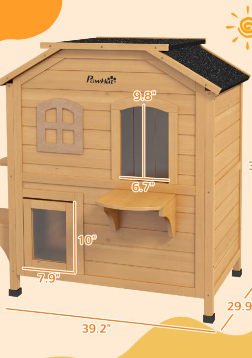 2-story Cat House Outdoor, Weatherproof Wooden Cat Enclosure for Feral Cats with Escape Door, Openable Roof, Jumping Platforms, Natural