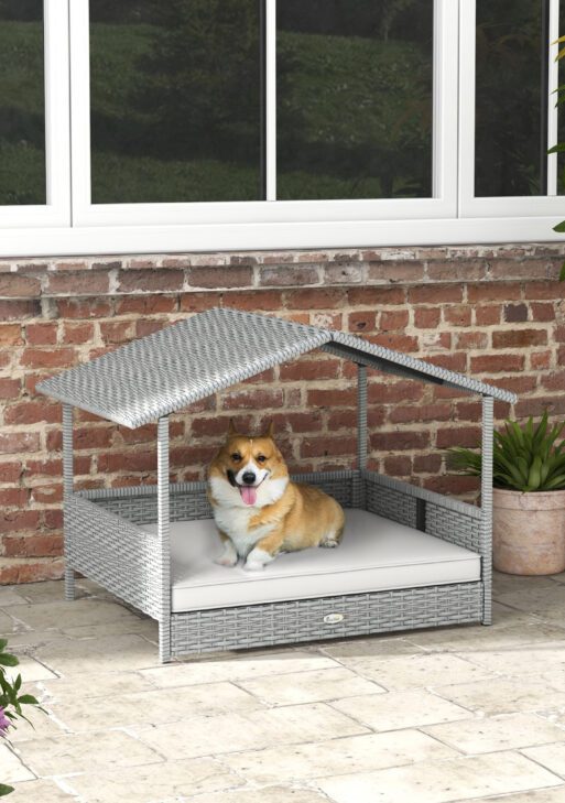 Wicker Dog House Outdoor with Canopy, Rattan Dog Bed with Water-resistant Cushion, Raised Pet Bed for Small, Medium Breeds up to 66 lbs, 20" in Length, Silver Wicker, White Cushion