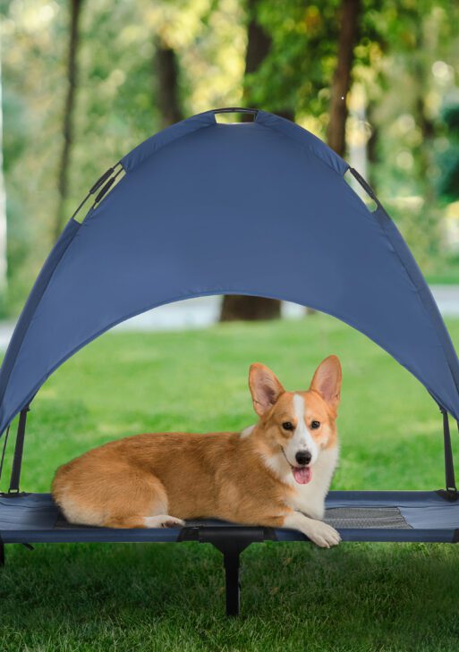Elevated Portable Dog Cot Pet Bed with UV Protection Canopy Shade, 36 inch, Dark Blue