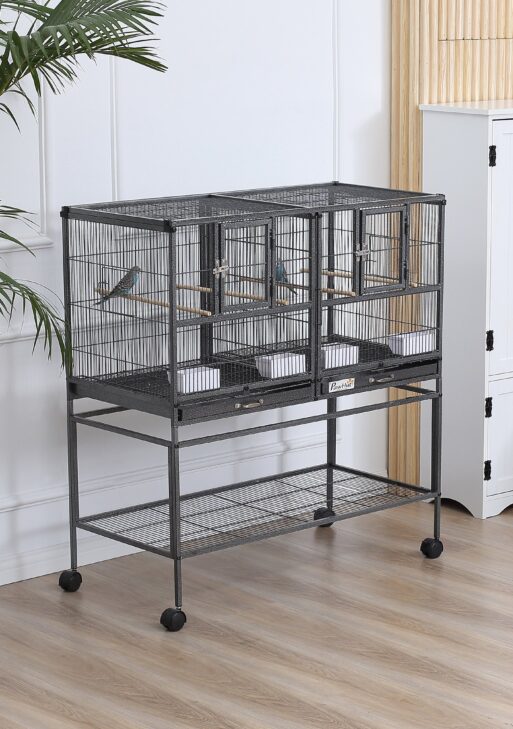 Divided Breeder Bird Cage with Rolling Stand Removable Metal Tray, Storage Shelf, Wood Perch, and Food Container