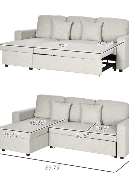 Sectional Sofa Bed, L-Shaped Loveseat Reversible Sleeper Sofa with Pull Out Couch Bed, Storage Chaise, Cushions, Linen Feel Fabric Futon Sofa Bed for Living Room, Cream White 89.75"